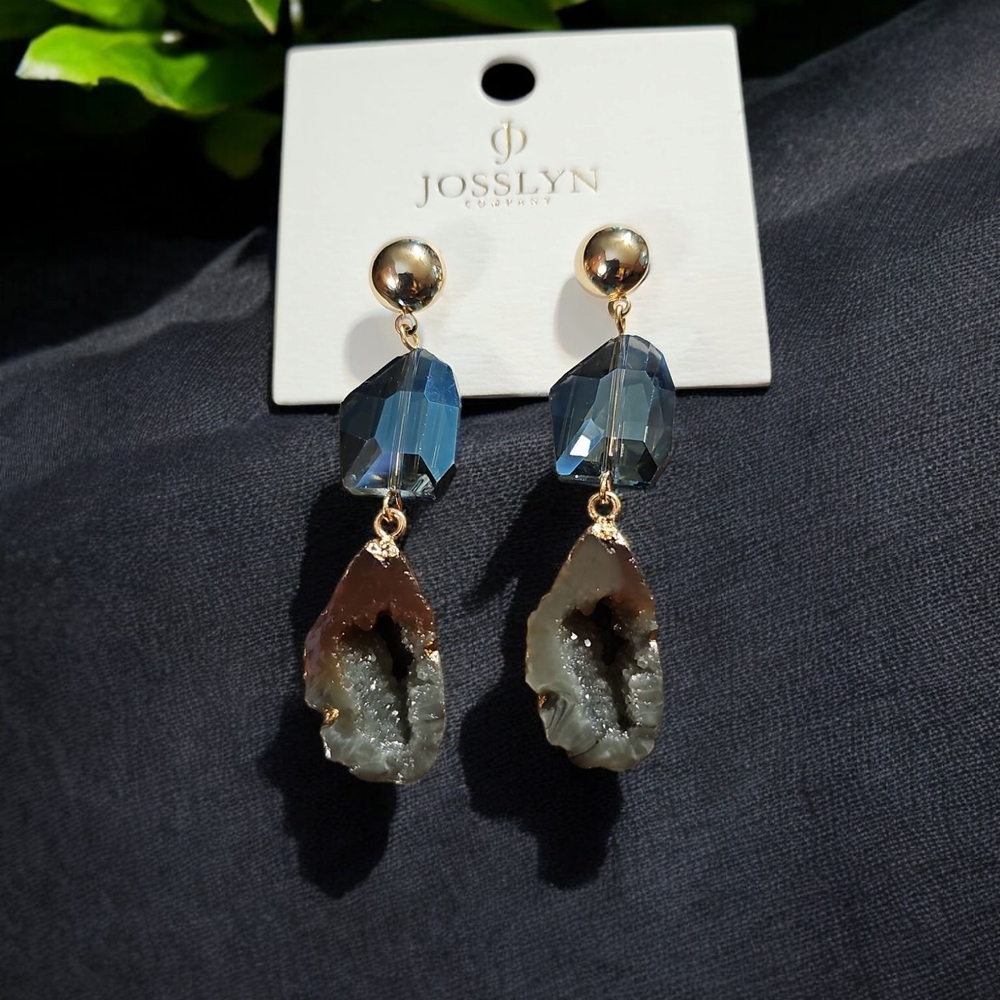 Gold and Blue Geode Drop Earrings